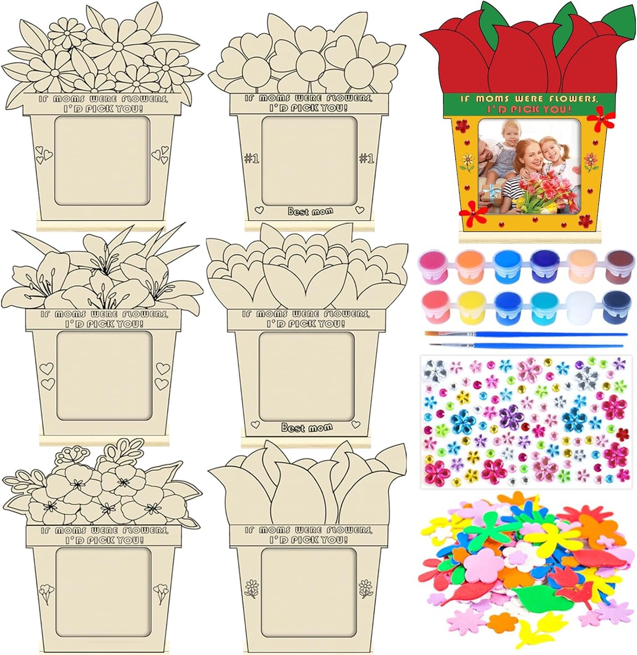 12-Pack Mother’s Day Wooden Picture Frame Craft Kit for Kids – DIY Color Your Own Flower Frames with Paints, Brushes, and Stickers, Classroom or Home Gift & Decor